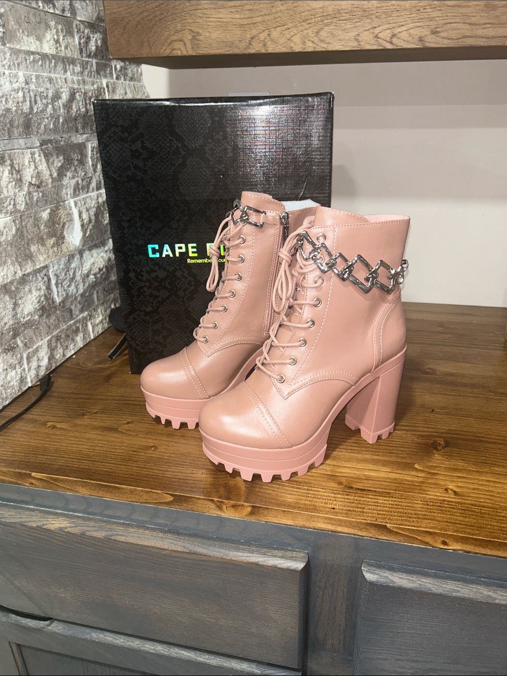 Cape Robbin Pink Lace-Up Platform Block Heel Ankle Boots with Chain